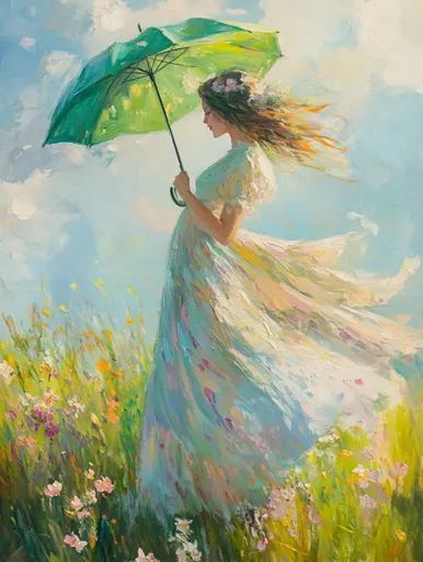 ↑↑↑ Larger size on website 🔸 A woman in a flowing white dress stands in a field of flowers, holding a green umbrella overhead. He Woman In White Dress, Holding Umbrella, Green Umbrella, Holding An Umbrella, A Field Of Flowers, Woman In White, Field Of Flowers, Holding Flowers, Art Creativity