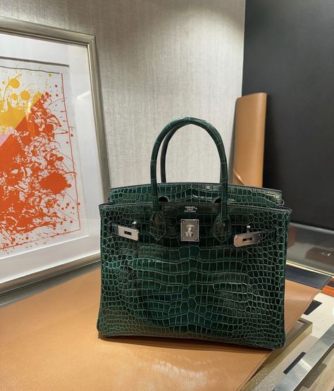 Hermes Birkin Green, Birkin Crocodile, Hermes Crocodile Bag, Hermes Birkin 35, Luxe Jewelry, Crocodile Bags, December 27, Jane Birkin, Bags Aesthetic