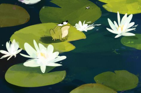 Patterned Desktop Wallpaper, Frog In Pond Illustration, Frog Wallpaper Laptop, Frog Laptop Wallpaper, Frog Wallpaper Desktop, Pond Art, Desktop Aesthetic, Tablet Drawing, Froggy Stuff