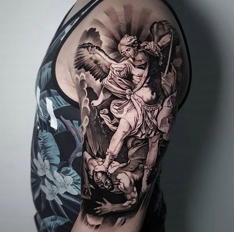 St Michael Tattoo, Catholic Tattoos, Archangel Tattoo, Bird Tattoo Wrist, Christ Tattoo, Men Tattoos Arm Sleeve, Military Tattoos, Full Arm Tattoos, Half Sleeve Tattoos For Guys