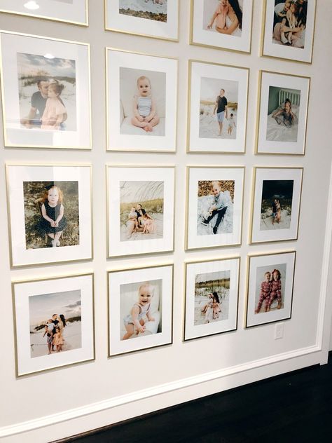 Entrance Way Gallery Wall, Floor To Ceiling Photo Wall, Photo Wall Gold Frames, Minimalist Picture Wall Inspiration, Lomviken Gallery Wall, Hallway Frames, Picture Frame Inspiration, Gold Frame Gallery Wall, Hang Photos