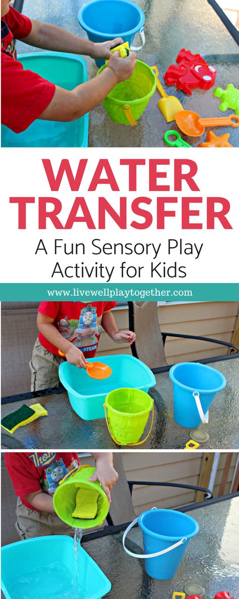 This fun water transfer activity is easy to set up and fun to play. Great water play and sensory play activity for kids that also encourages the development of fine motor skills. #playbasedlearning #homeschool #preschool #toddleractivites #stemlearning #stemforkids #waterplay #sensorybins #scienceforkids Water Transfer Activity, Camping Crafts For Toddlers, Water Study, Timeout Corner, Toddler Stem, Water Unit, Water Play Activities, Summer Study, Beach Week