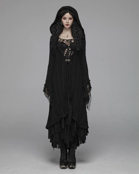 The Dark Days Cardigan 🩶🦇🩶 We love this modern forest witch-style, long layering cardigan with textured, subtly striped fabric, hood and long lace-draped sleeves. A delicate ornate clasp joins the two sides at the front, and a two-tiered, lacy ruffled hem adds to the boho vibes. 🌚 Great for throwing on over lighter layers, and pairing with a pair of big boots. 🕸️ ☞ Tap the Pic to Shop! ⚓ We Ship Worldwide. 🕸 www.gothmall.com 💀 @gothmall 🦇 🕸 🦇 #goth #gothgoth #gothic #gothgirl #gothicgirl #g... Layering Cardigan, Attitude Clothing, Dark Days, Pullover Mode, Witch Fashion, Gilet Long, Punk Rave, Punk Outfits, Cardigan Long