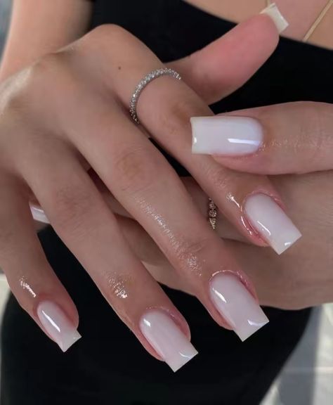 Light Nails Square, White Clear Nail Designs, Milky White With French Tip, Neutral Acrylic Nails With Design, Short Nails Ideas Classy, Milky White Nails With Design French, Short Milky White Acrylic Nails Square With Design, Milky Square Nails, Sheer White Acrylic Nails