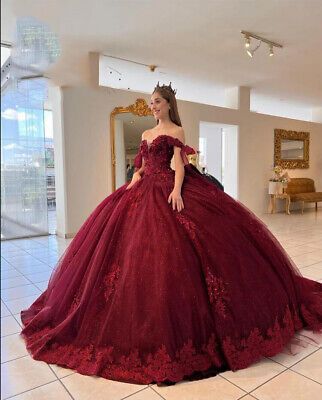 Red Off Shoulder Dress Princess Sweetheart Gothic Glitter Vestidos 16 Ball Gowns  | eBay Burgundy Quince Dresses, Red Quince Dress, Red Princess Dress, Quinceanera Red, Burgundy Quinceanera Dresses, Quinceanera Dresses Red, Red Off Shoulder Dress, Quinceanera Dresses Gold, Mexican Quinceanera Dresses