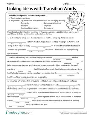 Third Grade Reading & Writing Worksheets: Linking Ideas with Transition Words Linking Words Worksheets, Writing Transition Words, Transition Words Worksheet, Transitional Words, Words Worksheet, Linking Words, Transition Words, Third Grade Reading, Complete Sentences