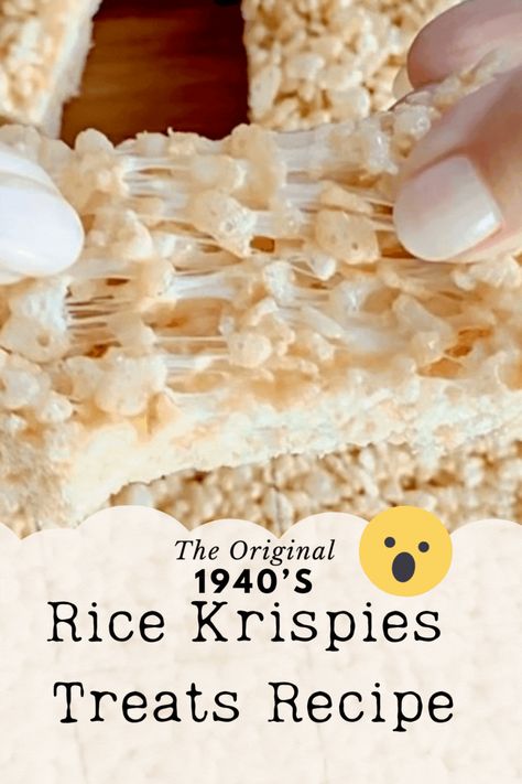 Not the recipe on the side of the box! This is the actual Original Rice Krispies Treats recipe from the 1940s. They used Salted butter back in those days for preserving. This nostalgic “candy” combines salted butter, vanilla extract, and a generous helping of marshmallows to create the perfect balance of sweet and salty flavors. #ricekrispietreats #1940srecipe #thevintagecook #nostalgic #marshmallow #saltedbutter  #crispytreats #comfortfood #easyrecipe Kellogg’s Rice Crispy Treats Recipe, Rice Crispy Treat Recipe Original, Original Rice Krispie Treats, Jet Puffed Rice Krispie Treats, Recipe For Rice Krispie Treats, Marshmallow Krispie Treats, Original Rice Krispie Treats Recipe, Rice Crispy Treats Recipe Original, Rice Krispie Recipes