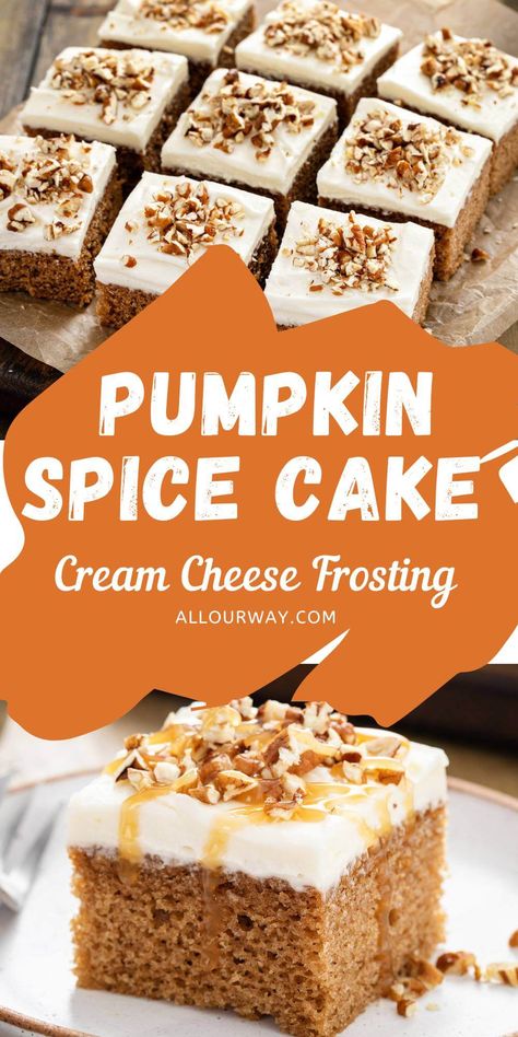 Pumpkin Spice Cake with Cream Cheese Frosting Spiced Cream Cheese Frosting, Autumn Foods, Spice Cake Mix And Pumpkin, Mouthwatering Desserts, Gooey Cake, Fall Goodies, Blueberry Cupcakes, Yummy Fall Recipes, Seasonal Desserts