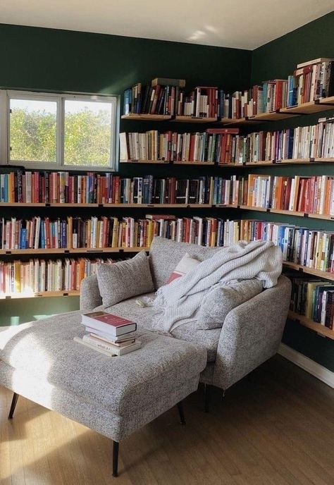 Cozy House Aesthetic Bathroom, House Office Aesthetic, Library Room Ideas Home Cozy, Reading Office Room, Book Nook Room Ideas, Reading Room Chairs, Basement Book Nook, Living Room Reading Chair, Decorating With Books Ideas Display