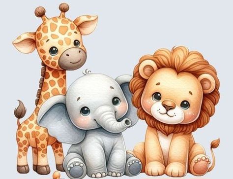 Safari Animals Watercolor, Cute Jungle Animals, Baby Safari Animals, Baby Zoo Animals, Elephant Cute, Baby Jungle Animals, Paw Patrol Cartoon, Sara Kay, Safari Baby Animals