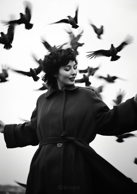 A woman wearing vintage coat playing with birds photography portrait motion.  | premium image by rawpixel.com / Pitcha Benrohman Birds Photography, Photo Woman, Flock Of Birds, Aesthetic Things, Dark Gothic, Photography Portrait, Bird Photography, Vintage Coat, Nice Design