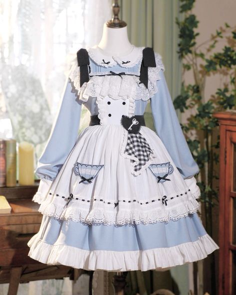 ✨ Preorder Your Dream One-Piece Dress and get 7% OFF! ✨ 🌸 This Alice in Wonderland Vibes dress features a delicate Peter Pan collar, adding a touch of innocence and charm to your look. 💫 Complete your look with the matching Mini Hat with Bunny Ears and clipse. 🐰 🛒 Don’t miss out – shop now: https://www.devilinspired.com/ditto-doll #AliceInWonderlandStyle #PreorderNow #MiniHatMagic #BunnyEars #DevilInspired Scarf On Waist, Teacup Embroidery, Alice In Wonderland Wedding Dress, Hat With Bunny Ears, Embroidery Brooches, Blue And White Color Palette, Alice In Wonderland Outfit, Steampunk Fashion Female, Alice In Wonderland Dress