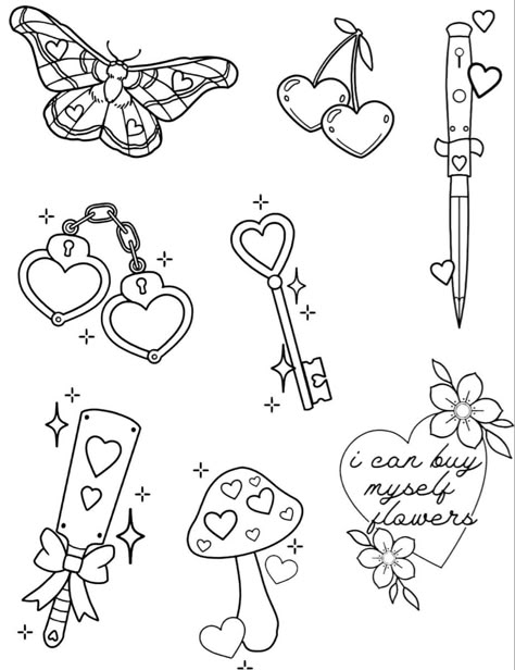 Girly Linework Tattoo, Drawable Stickers, Patchwork Flash Sheet, Whimsical Tattoo Designs, Cute Girly Doodles, Traditional Tattoo Flowers, Small Girly Tattoos, Art Flash, Kawaii Tattoo