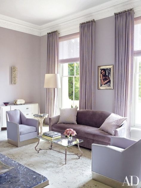 A Tamara de Lempicka portrait hangs in an office of a London townhouse designed by Timothy Haynes and Kevin Roberts, where a vintage Ward Bennett sofa faces a circa-1950 Ramsay cocktail table | archdigest.com Lavender Living Rooms, Lilac Living Room, Lavender Living Room, Lavender Bedroom, London Mansion, Purple Furniture, Lavender Room, Purple Living Room, Furnitur Ruang Keluarga