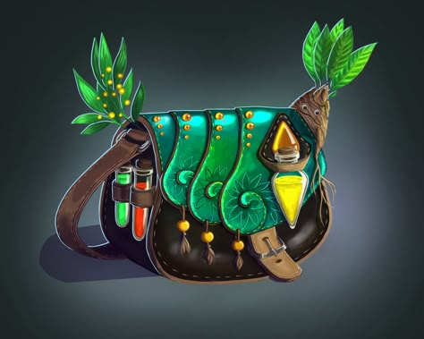 Alchemist's bag, Alena Ivanova on ArtStation at https://www.artstation.com/artwork/KX5Ry Alchemist Rpg, Magic Elements, Animated Clothes, Fantasy Map Making, Antler Crafts, Cottage Witch, Magic Bag, Magic Props, Dnd Dragons