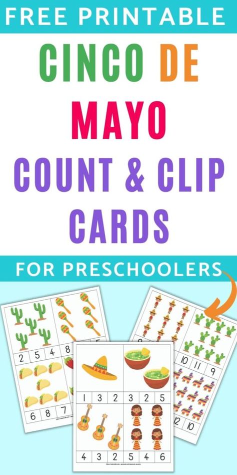 These free printable Cinco de Mayo count and clip cards are a fun preschool math activity and fine motor practice! Click through to download free Mexican Cinco de Mayo theme counting clip cards with numbers 1-12 for your homeschool preschool. They're perfect for a Mexico theme or world cultures homeschool preschool lesson plan. Click through to get yours today! 5 De Mayo Activities For Kids, Cinco De Mayo Lesson Plans For Preschool, Fiesta Preschool Activities, Cinco De Mayo For Preschool, Cinco De Mayo Activities For Toddlers, Mexico Preschool Activities, Cinco De Mayo Activities For Preschool, Farewell Fiesta, Mexico Theme