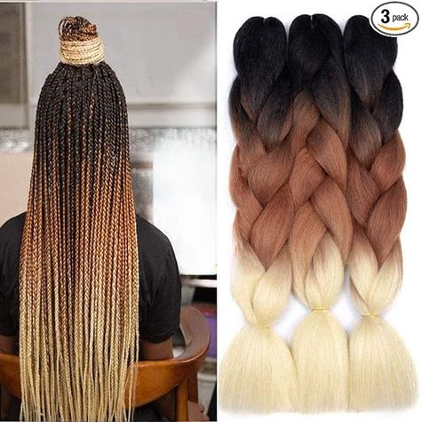 FANWYFYU Ombre Braiding Hair, 3Pack/Lot Ombre Braiding Hair Extensions High Temperature Synthetic 24inch Pre Stretched Braiding Hair,for Box Braids Braiding Hair (Black-Brown-Blonde) : Amazon.co.uk: Beauty Expression Braids, Expression Braiding Hair, Ombre Box Braids, Ombre Braiding Hair, Braiding Hair Colors, Colored Box Braids, Kanekalon Braiding Hair, Jumbo Braiding Hair, Ombre Braid