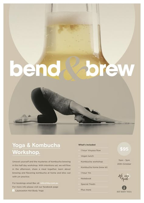 Bend & Brew Yoga Workshop Poster, Yoga Event Ideas, Wellness Event Ideas, Pilates Yoga Studio, Launch Event Ideas, Yoga Event, Yoga Marketing, Yoga Flyer, How To Brew Kombucha