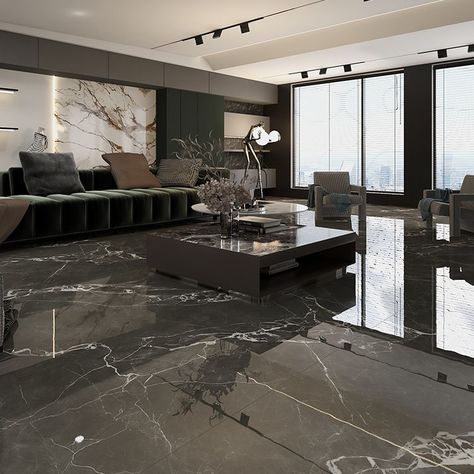 Rectangle Floor and Wall Tile Marble Printed Polished Porcelain Tile Black Marble Living Room, Marble Floor Living Room, Dark Floor Living Room, Luxury Marble Flooring, Marble Interior Design, Black Marble Floor, Marble Floor Kitchen, Glossy Tiles, Black Marble Tile