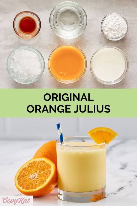 No need to go to the mall or Dairy Queen to get an Orange Julius when you can make one at home with this easy copycat recipe. Learn how to make an Orange Julius like the original one with a few ingredients from the grocery store. A great homemade smoothie to enjoy for breakfast or a snack. Orange Julius Recipe With Orange Juice, Original Orange Julius Recipe, Orange Juice Recipes Food, Orange Julius Recipe Original, Orange Julius Smoothie Recipe, Orange Julius Copycat Recipe, Orange Julep, Orange Julius Smoothie, Copycat Drink Recipes