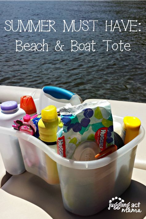 Summer Must Have: Beach & Boat Tote | Juggling Act Mama --- This is a great travel idea. Keep everything in one neat container. #rvorganization Boat Organization, Camping Menu, Boating Tips, Lake Fun, Boat Tote, Beach Boat, Camping Cot, Lake Trip, Boat Food