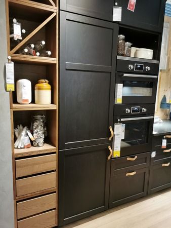 Ikea Lerhyttan, Black Ikea Kitchen, White Ikea Kitchen, Ikea Black, Stained Cabinets, Home Bar Ideas, White Oak Kitchen, Cabinets With Glass Doors, Staining Cabinets