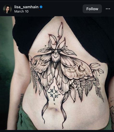 Cottage Core Chest Tattoo, Moth Chest Tattoos For Women, Women’s Tummy Tattoos, Moth Throat Tattoos Women, Chest Tattoo Witchy, Womans Stomach Tattoos, Botanical Moth Tattoo, Witchy Stomach Tattoo, Moth Tattoo Underbust