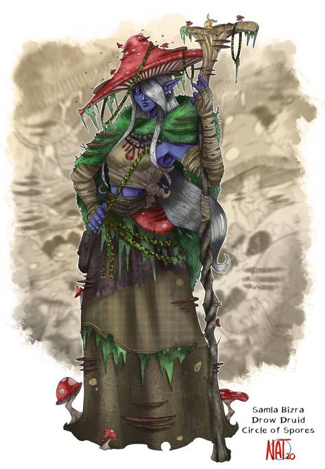 Circle Of Spores Druid Elf, Circle Of Spores Druid Aesthetic, Spore Druid, Circle Of Spores Druid, Drow Druid, Dnd Druid, Elf Druid, D D Character Ideas, Dark Elf