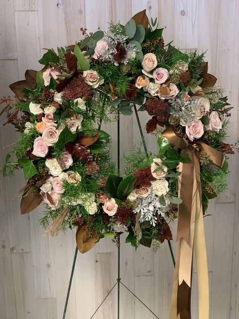 Sympathy Wreath, Sympathy Arrangements, Hypericum Berries, Floral Wreaths, Dusty Miller, Magnolia Leaves, Celebration Of Life, Magnolia, Florist