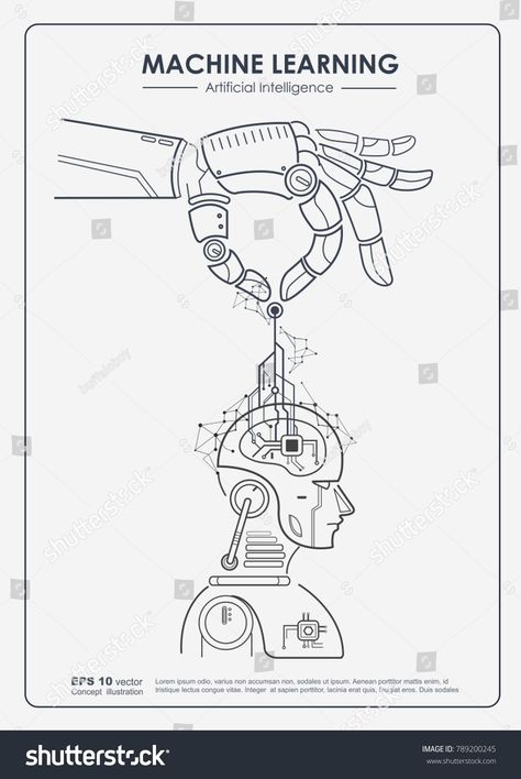 Machine learning and artificial intelligence (AI) concept. Robotic hand put digital big data, neural networks and printed circuit board (PCB) in robotic's brain. Vector outline design to poster. #Ad , #Affiliate, #put#hand#Robotic#data Robotics Graphic Design, Poster Outline Design, Robotics Poster Design, Outline Graphic Design, Robotics Poster Ideas, Robot Poster Design, Poster About Technology, Robotics Drawing, Computer Poster Design