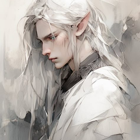 White Haired Elf Male Fantasy Art, Male Elf White Hair, White Haired Elf Man, White Hair Male Art, White Hair Male Character Design, White Hair Elf Male, Elf With White Hair, Elf White Hair, Male Elf Art