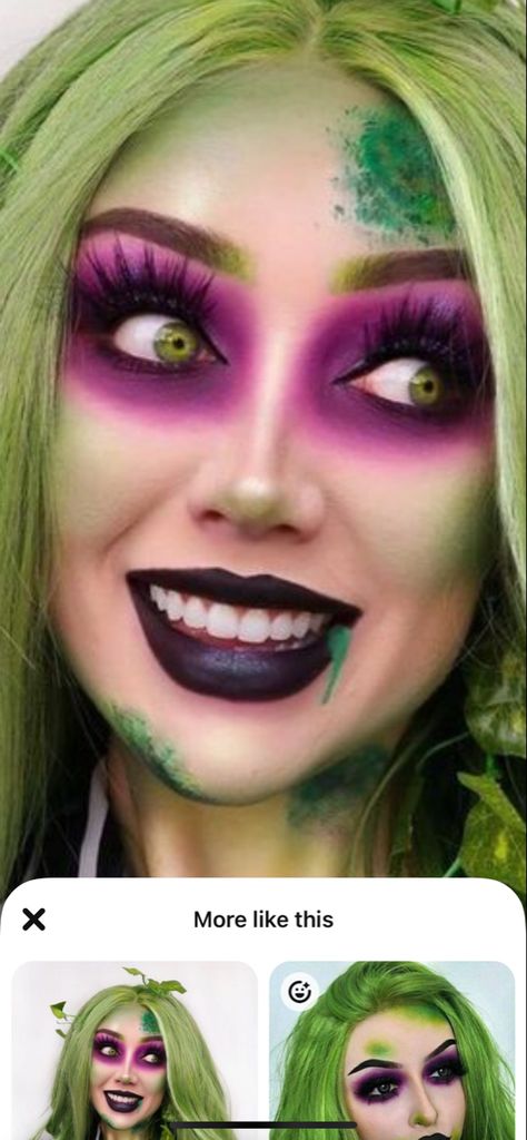 Beetlejuice Makeup Kids Easy, Female Beatle Juice, Ladies Beetlejuice Costume, Beetlejuice Halloween Makeup Ideas, Beetlejuice Make Up For Women, Nettle Juice Costume, Beetlejuice Woman Makeup, Beetle Juice Face Paint, Beetle Juice Women’s Makeup