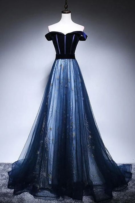 Dress With Sleeve, Tulle Long Prom Dress, Dark Blue Velvet, Off Shoulder Evening Dress, Evening Dresses With Sleeves, Blue Evening Dresses, Blue Tulle, Cheap Prom Dresses, Party Dress Long