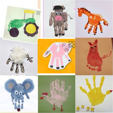 Farm Animal Handprints, Farm Animals Handprint Craft, Farm Art Activities For Toddlers, Hand Print Farm Animals, Handprint Farm Animals Preschool, Farm Animal Art For Infants, Farm Theme Process Art Preschool, Farm Handprint Art, Farm Animals Art Activities