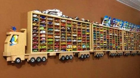 Wall Decorating with Toy Cars, Kids Storage and Organization Ideas Matchbox Cars Display, Toy Car Display, Hot Wheels Storage, Truck Organization, Boy Room Wall Decor, Toy Car Storage, Kids Bedroom Storage, Hot Wheels Display, Wooden Truck