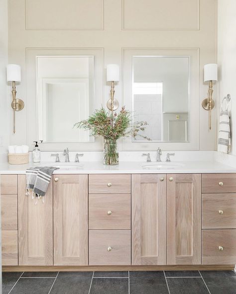 Oakstone Homes on Instagram: “The prettiest master bathroom. Head over to our stories to see more of this master bath reveal! #OakstoneHomes” Oakstone Homes, Master Bath Lighting, Light Wood Cabinets, Bright Bathroom, Master Bath Remodel, Guest Bathrooms, Upstairs Bathrooms, Bathroom Redo, Bathroom Inspo