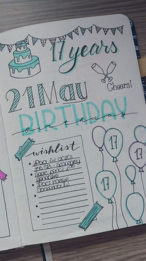 Bullet Journal Birthday Page, Birthday Journal Prompts, Birthday Bullet Journal, Birthday Journal, Pretty Birthday Card, Journal Mood Tracker Ideas, Mood Tracker Ideas, Journal Ideas Templates, Bullet Journal Mood Tracker