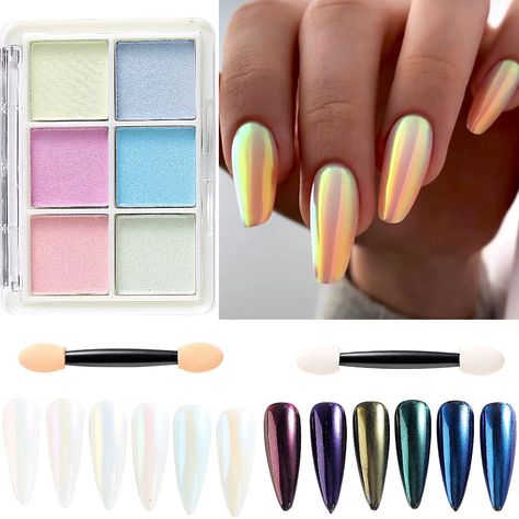 PRICES MAY VARY. 【You will get】:You will receive 1 set 6 colors chrome nail powder palette.(Aurora pearl nail powder) The glitter for nails will make your nails have a beautiful shimmery mirror effect with a bright lustre. 【Higher Glossy】 : Shimmery aurora effect pearl powder contains greater glossy,the powder is of great effect in different colors. 【Easy to apply】: The nail art powder is easy to be applied on natural or artificial nails.No special nail art skill is required,don't have to worry Nail Chrome, Pearl Nail, Iridescent Mermaid, Aurora Nails, Chrome Nail Powder, Special Nails, Glitter Pigment, Nail Powder, Pearl Powder