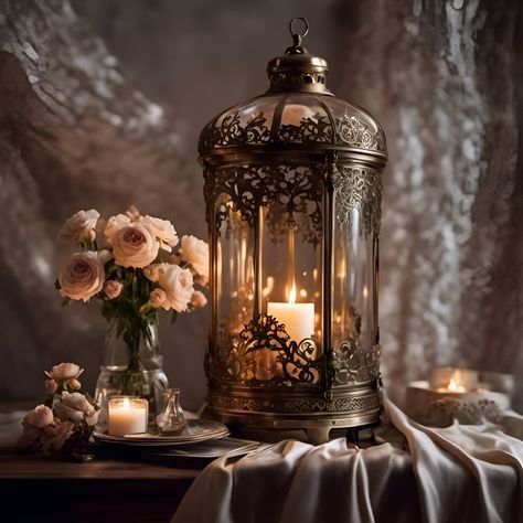 "Product Details Antique Candle Lantern With Roses canvas print by Glenda Stevens.   Bring your artwork to life with the texture and depth of a stretched canvas print. The image gets printed onto one of our premium canvases and then stretched on a wooden frame of 1.5\" x 1.5\" stretcher bars with black sides or 5/8\" x 5/8\" stretcher bars (museum wrap) with white sides.  Your canvas print will be delivered to you \"ready to hang\" with pre-attached hanging wire, mounting hooks, and nails. Design Details AI art created by me Ships Within 3-5 days" Room Full Of Candles, Magical Lantern, Lantern With Candle, Candle Cove, Fall Living Room Ideas, Dark Whimsical, Cozy Fall Living Room, Candle Arrangements, Elegant Candle