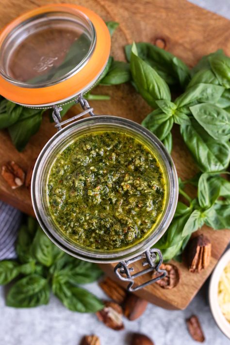 This easy recipe for homemade basil pesto without pine nuts is quick to make. Freeze batches of this pecan pesto recipe to enjoy later Basil Pecan Pesto, Pecan Pesto Recipe, Pesto Without Pine Nuts Recipes, Pesto Recipe No Nuts, Pesto Recipe Without Pine, Fresh Pesto Recipe, Recipes Using Pesto, Easy Pesto Recipe, Pecan Pesto