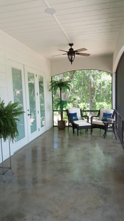 Striking, easy to clean, and cool on hot summer days! Acid Wash Stained Concrete 60 foot Back Porch Epoxy Patio Floor, Diy Concrete Patio, Stained Floors, Concrete Stain Patio, Acid Stained Concrete, Cement Patio, Concrete Patio Designs, Concrete Patios, Concrete Stained Floors