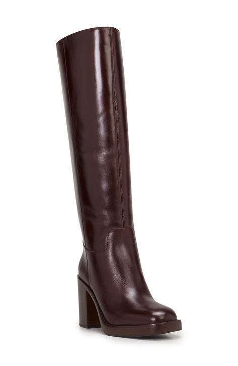 A bold block heel boosts this knee-high boot cut from smooth leather. 3 1/2" heel; 1/2" platform 15 1/4" shaft; 14 1/2" regular calf circumference 15 1/4" shaft; 15 1/2" wide calf circumference 15 1/4" shaft; 17" extra-wide calf circumference Side zip closure Leather upper/synthetic lining and sole Made in Brazil Luchesse Boots Womens Tall, Big Calves Boots, Women’s Dress Boots, Women’s Knee High Boots, Knee High Boots Wide Calf, Women’s Tall Boots, Knee High Brown Boots Outfit, Fall Boots 2024, Fall Shoes 2024