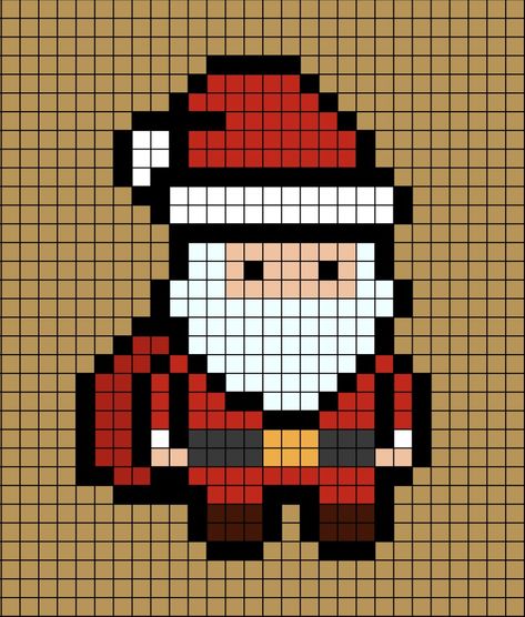 A pixel art template of Santa Claus carrying his big red sack. Snowflake Grid Pattern, Pixel Drawing Christmas, Pixel Art Grid Christmas, Christmas Pixel Art Easy, Merry Christmas Pixel Art, Holiday Pixel Art, Santa Pixel Art, Christmas Pixel Art Aesthetic, Christmas Pixel Pattern