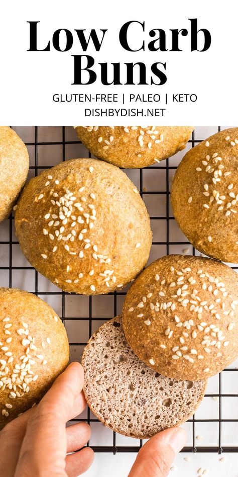 Hand reaching for a sliced low carb bun Paleo Burger Buns, Grain Free Buns, Keto Bread Rolls Recipes, Keto Burger Buns, Paleo Hamburger Buns, Paleo Buns, Low Carb Buns, Low Carb Bread Recipes, Keto Bakery