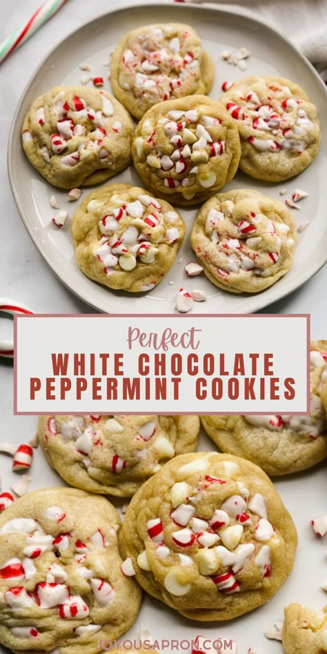 White Chocolate Peppermint Cookies - easy and festive Christmas cookies for your holiday baking needs! Soft, thick and chewy cookies filled with white chocolate chips and peppermint pieces. Fun dessert for holiday parties, cookie exchange and more! White Choc Peppermint Cookies, Christmas Dessert Recipes Peppermint, Holiday Cookies Peppermint, Cookie Recipes Peppermint, Sugar Peppermint Cookies, Gluten Free White Chocolate Peppermint Cookies, White Peppermint Cookies, Christmas Cookies With White Chocolate Chips, Cookies For The Holidays