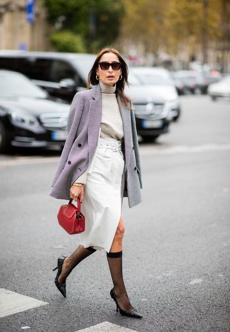 How to wear socks with heels and sandals- HarpersBAZAARUK Calf Socks Outfit, Socks And Sandals Outfit, Socks With Heels Outfit, Sheer Socks Outfit, Heels With Socks Outfit, Knee Socks Outfits, Women In Socks, Stocking Outfit, Heels With Socks