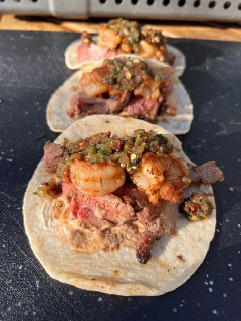 Grilled Surf And Turf, Surf And Turf Tacos, Beef And Shrimp, Flap Meat, Fire Roasted Salsa, Cooking With Fire, Healthy Taco Recipes, Roasted Salsa, Street Taco