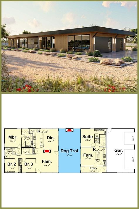 Discover the timeless charm of a 1-story 4-bedroom mid-century modern dogtrot house! This floor plan features a breezeway fireplace, creating a cozy ambiance that brings the outdoors in. Embrace the perfect blend of classic design and contemporary living in this unique architectural gem. House With Breezeway, Camp House Plans, Dogtrot House Plans, Dogtrot House, Dog Trot House Plans, Dog Trot House, Mid Century House Plans, Fireplace Floor, Contemporary Mansion