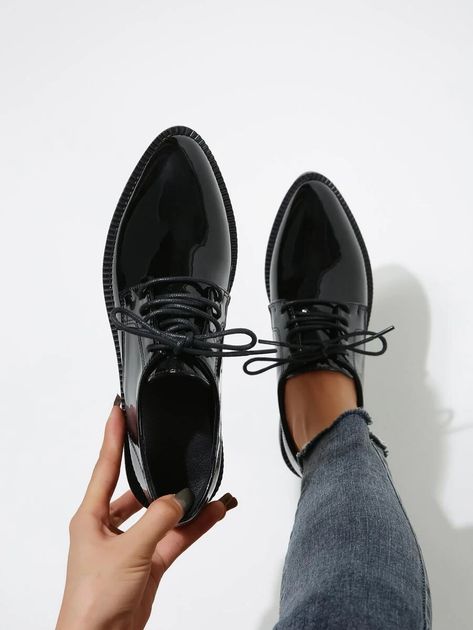 Minimalist Lace-Up Front Oxford Shoes, Black Elegant Solid Color Oxford Shoes Women's Flat Shoes | SHEIN USA Womens Lace Up Oxford Shoes, Women’s Oxfords, Oxford Boots Outfit, Women’s Dress Shoes, Black Elegant Shoes, Black Work Shoes Women, Oxford Shoes Outfit Women's, Oxford Shoes Women, Black Shoes For Women