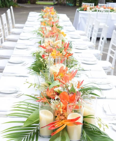 Grace Flowers Hawaii | Throwback Tuesday (they both start with T, it works ;)) Lush orange long and low tropical nouveau designs. @maunakeahotel… | Instagram Hawaii Table Decorations, Tropical Color Wedding, Coastal Theme Party Decor, Low Tropical Centerpiece, Elegant Tropical Wedding Decor, Tropical Centerpiece Ideas, Hawaiian Centerpiece Ideas, Tropical Table Centerpieces, Hawaiian Table Decorations